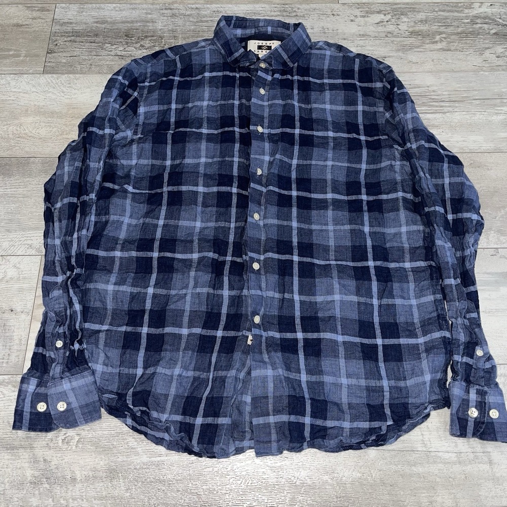 100% Linen Joseph Abbound‎ Long Sleeve Button Down Shirt XL  Blue Plaid